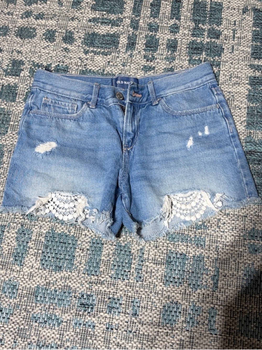 Old Navy Light Blue Distressed Denim Shorts with Lace Trim